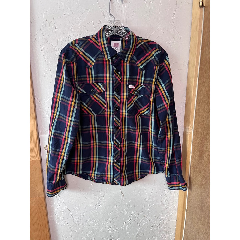 Topo Designs Mens Medium Western Plaid Button Down Shirt Navy Blue Red Cotton